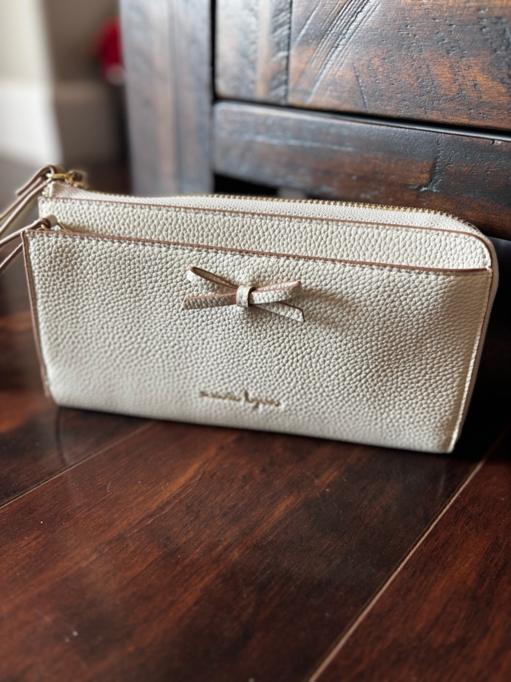 Nanette Lepore Cream Pebbled Leather Bow Wristlet